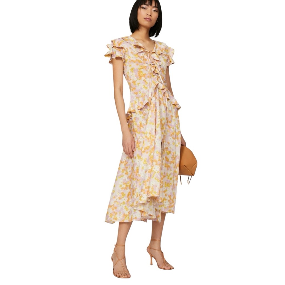 Rokh Ribbon Ruffle Dress Orange Floral Print Size 38 EU/ 6US MSRP $786